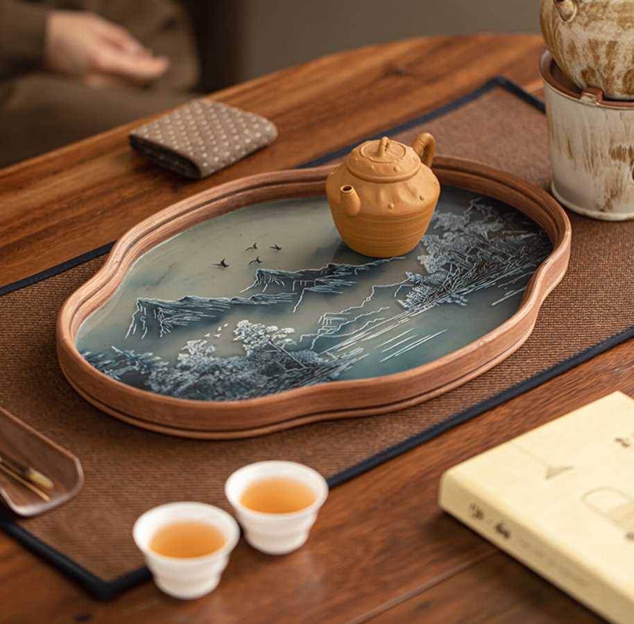 Elegant Bamboo and Glass Tea Serving Tray - Modern Dry Wok Station for Home Tea Sets