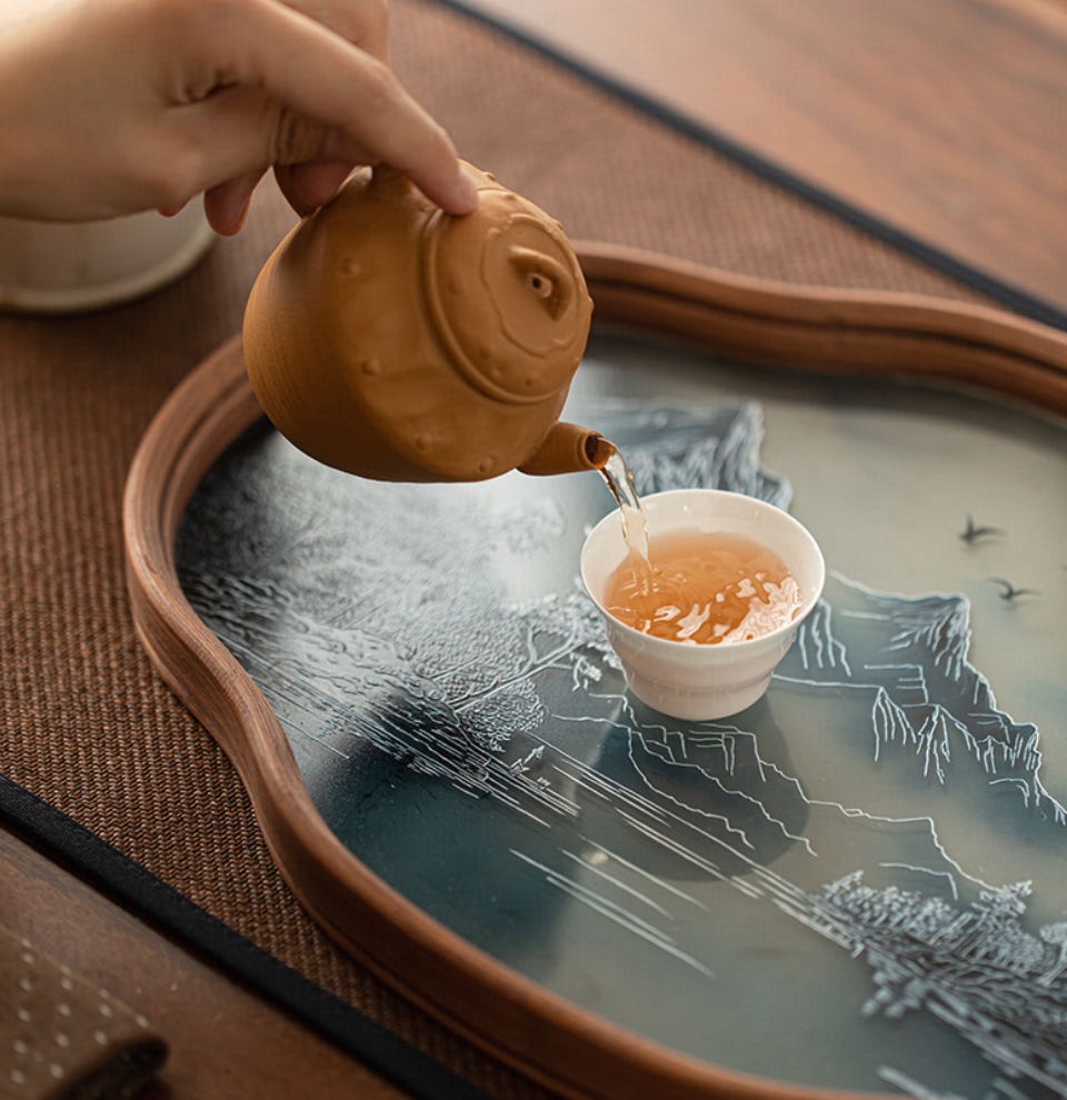 Elegant Bamboo and Glass Tea Serving Tray - Modern Dry Wok Station for Home Tea Sets